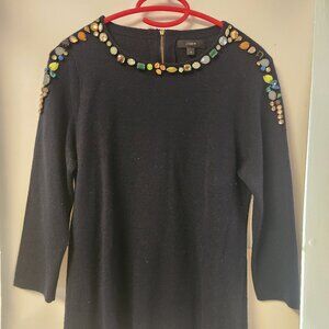 J Crew Navy Blue 3/4 Sleeve Sweater featuring Gem Detailing and Partial Zip Back